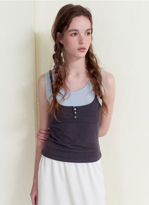 エトモン etmon Color Layered Ribbed Top Charcoal レイヤード スリーブレス