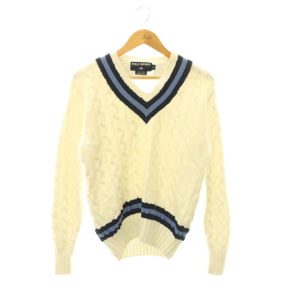 ポロスポーツ POLO SPORT 90s コットン ニット セーター プルオーバー ケーブルニット Vネック M 白 ホワイト 紺 ネイビー 水色 ライトブルー ■GY18 6,675円