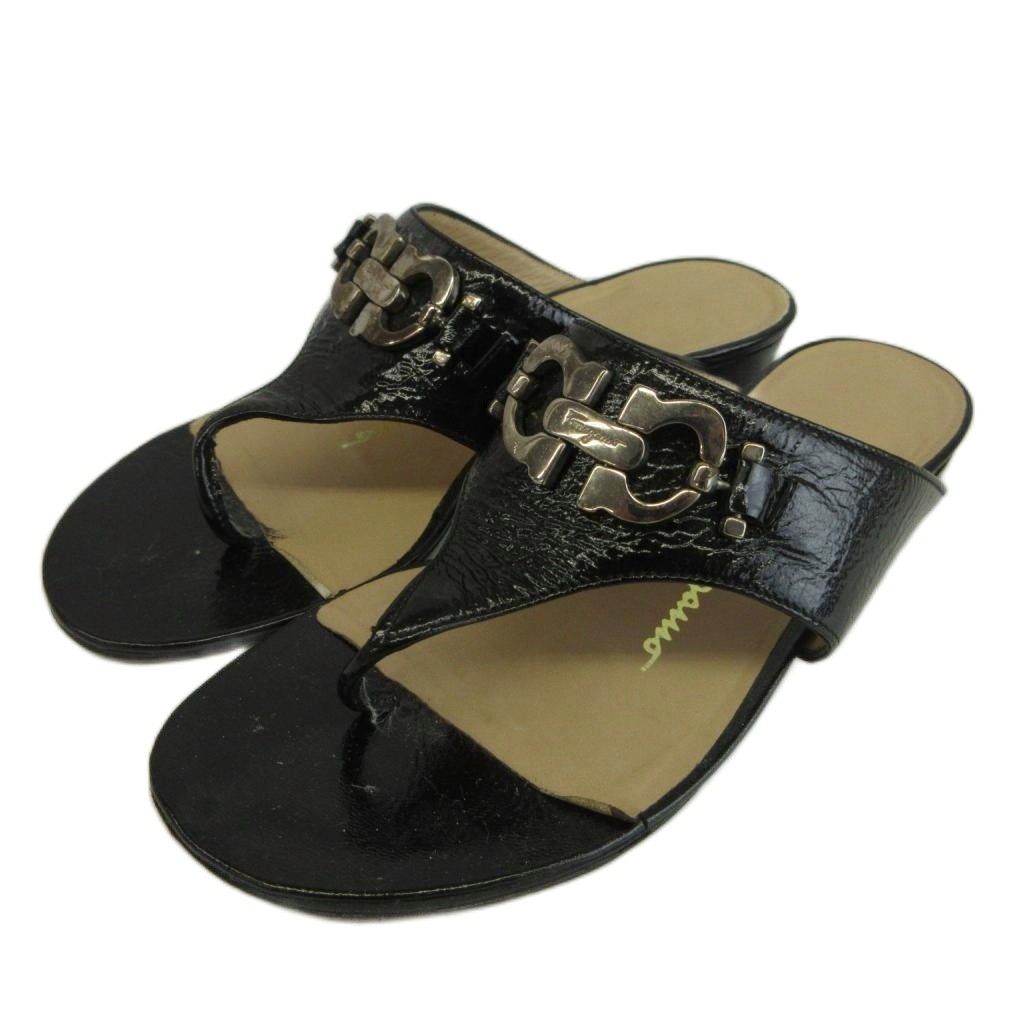 サルヴァトーレフェラガモ Salvatore Ferragamo トングサンダル ミュール エナメル ローヒール ダブルガンチーニ シルバー金具 4 21.5cm 黒 ブラック /XZ ■GY18 10,425円