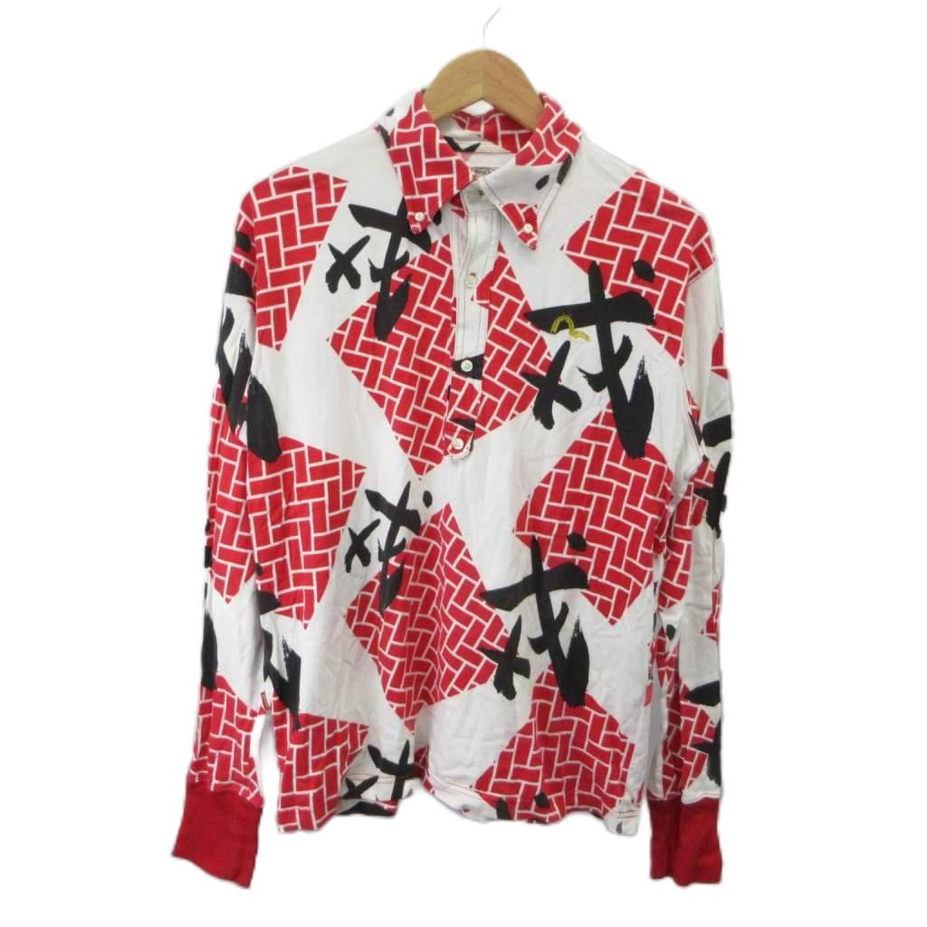 エヴィス EVISU ポロシャツ 40 白 ホワイト 赤 レッド 総柄 ボタンダウンカラー 長袖 /KK ■GY99