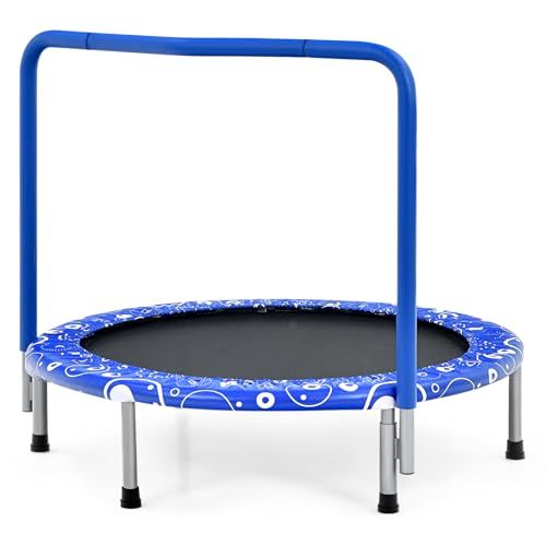msGYMAX トランポリン 子供用 補助手すり付き 直径約92cm 耐荷重150kg 折りたたみ 収納便利 組み立てやすい 静音 高弾力 安全ゴム式 室内 室外 おもちゃ 入学 入園 誕生日 プレゼント スポーツ 運動 エクササイズ 66b972da