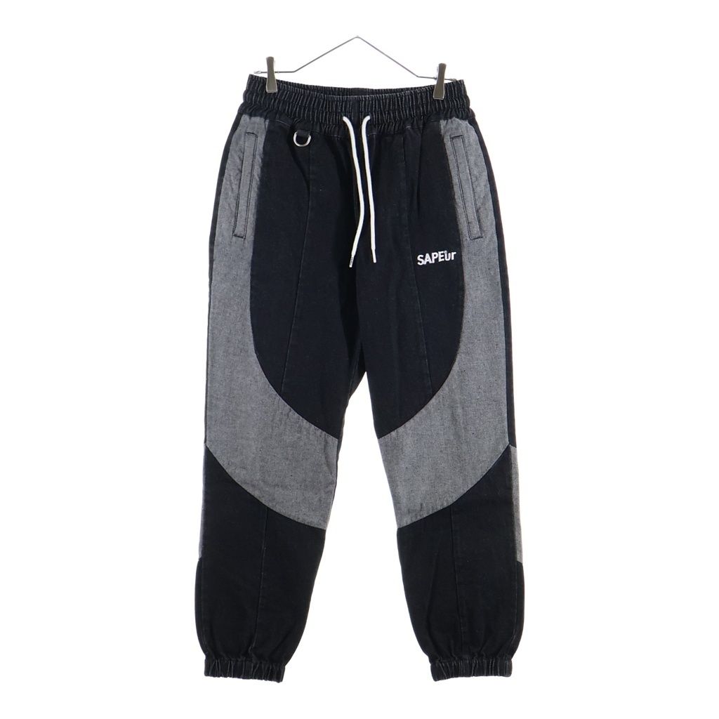 SAPEur (サプール) DENIM TRACK PANTS ロゴ刺繍 デニム イージージョガーパンツ ブラック