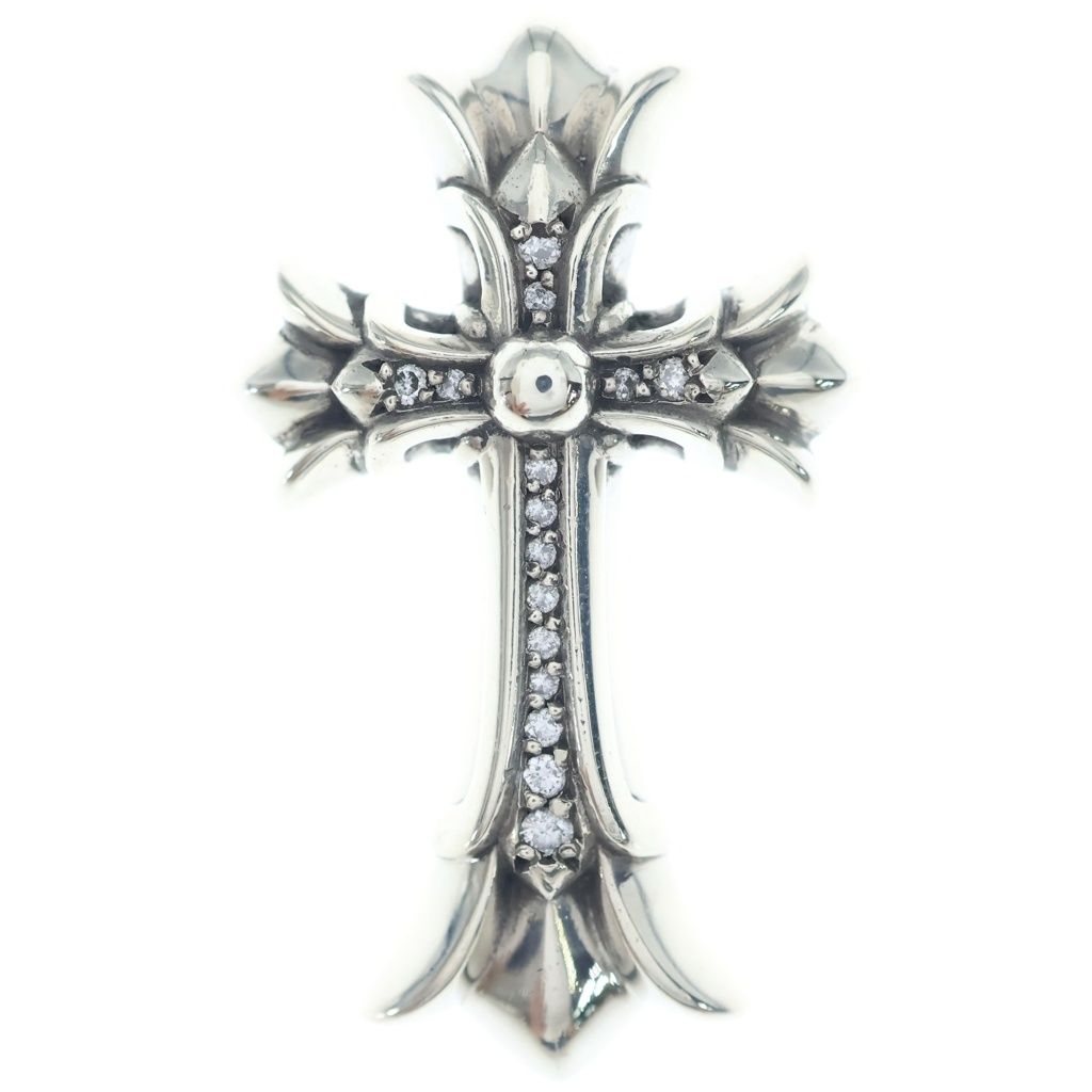 CHROME HEARTS (クロムハーツ) DBL CH CRS SML P D スモールダブルCHクロス PAVEダイヤ ペンダント シルバーネックレストップ