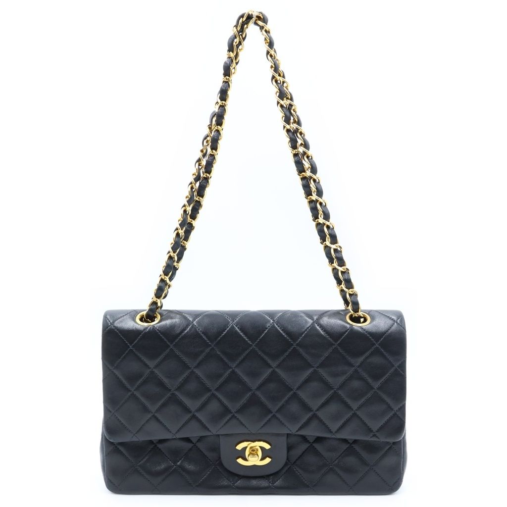CHANEL (シャネル) マトラッセ25 WフラップWチェーンショルダーバッグ ハンドバッグ ブラック ラムスキン ゴールド金具 330,561円