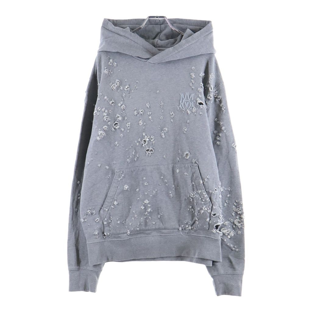AMIRI (アミリ) 24AW MA SHOTGUN EMBROIDERED HOODIE ショットガン加工 ロゴ刺繍 プルオーバーパーカー グレー AMJYHD1041