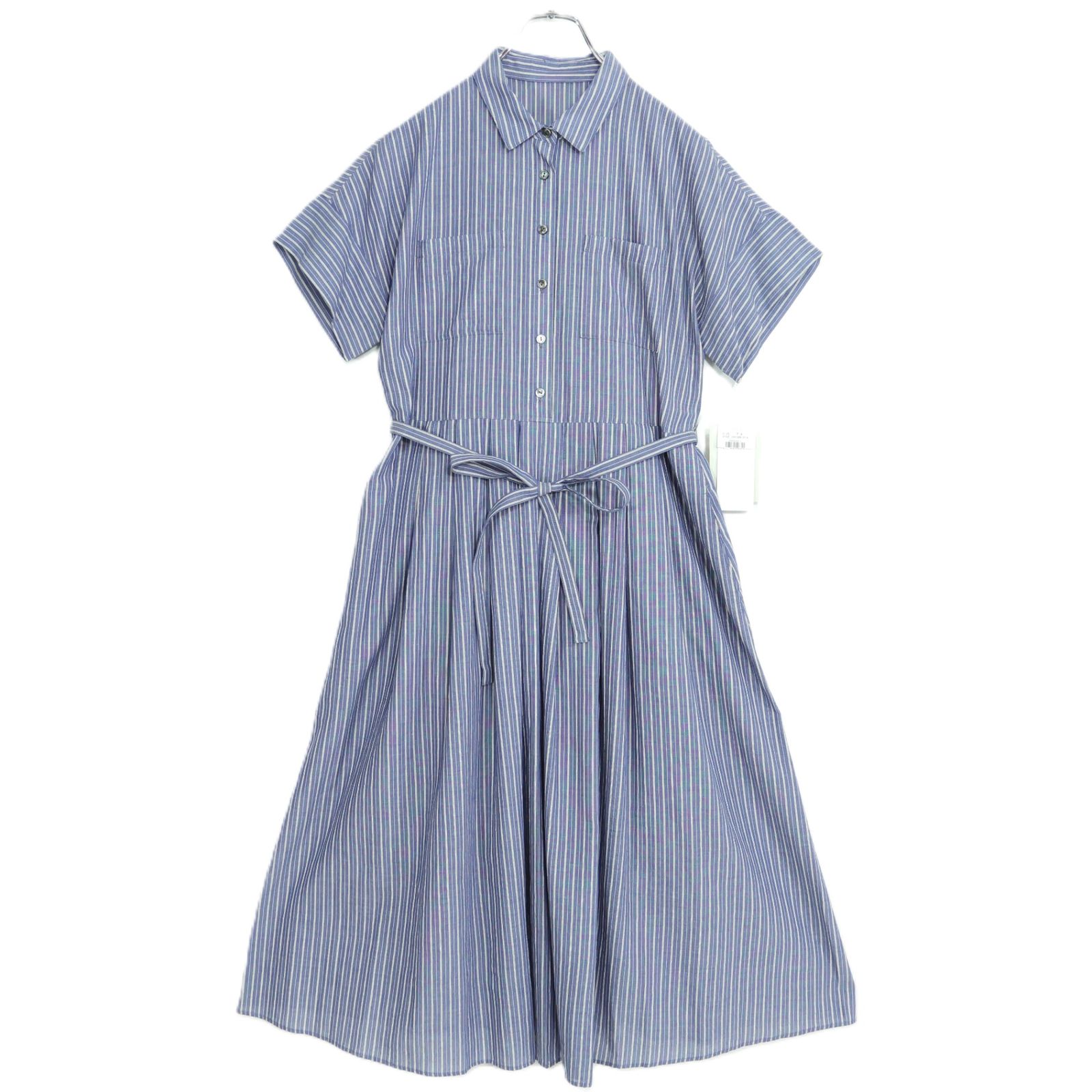【極美品・紙タグ有】レリアン★涼しげストライプ♪上品なコットンワンピース サイズ7号 紺系 ペチ付 残布有 z22715 7,810円