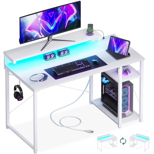 AODK ゲーミングデスク パソコンデスク ラック&コンセント付き 幅100cm 机 pcデスク ゲームデスク gaming desk モニター台&LED付き ゲーミングテーブル 左右入れ替え対応 カーボン調ホワイト