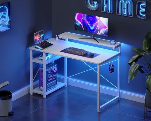 AODK ゲーミングデスク パソコンデスク ラック&コンセント付き 幅100cm 机 pcデスク ゲームデスク gaming desk モニター台&LED付き ゲーミングテーブル 左右入れ替え対応 カーボン調ホワイト