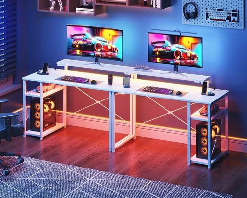 AODK ゲーミングデスク パソコンデスク ラック&コンセント付き 幅100cm 机 pcデスク ゲームデスク gaming desk モニター台&LED付き ゲーミングテーブル 左右入れ替え対応 カーボン調ホワイト