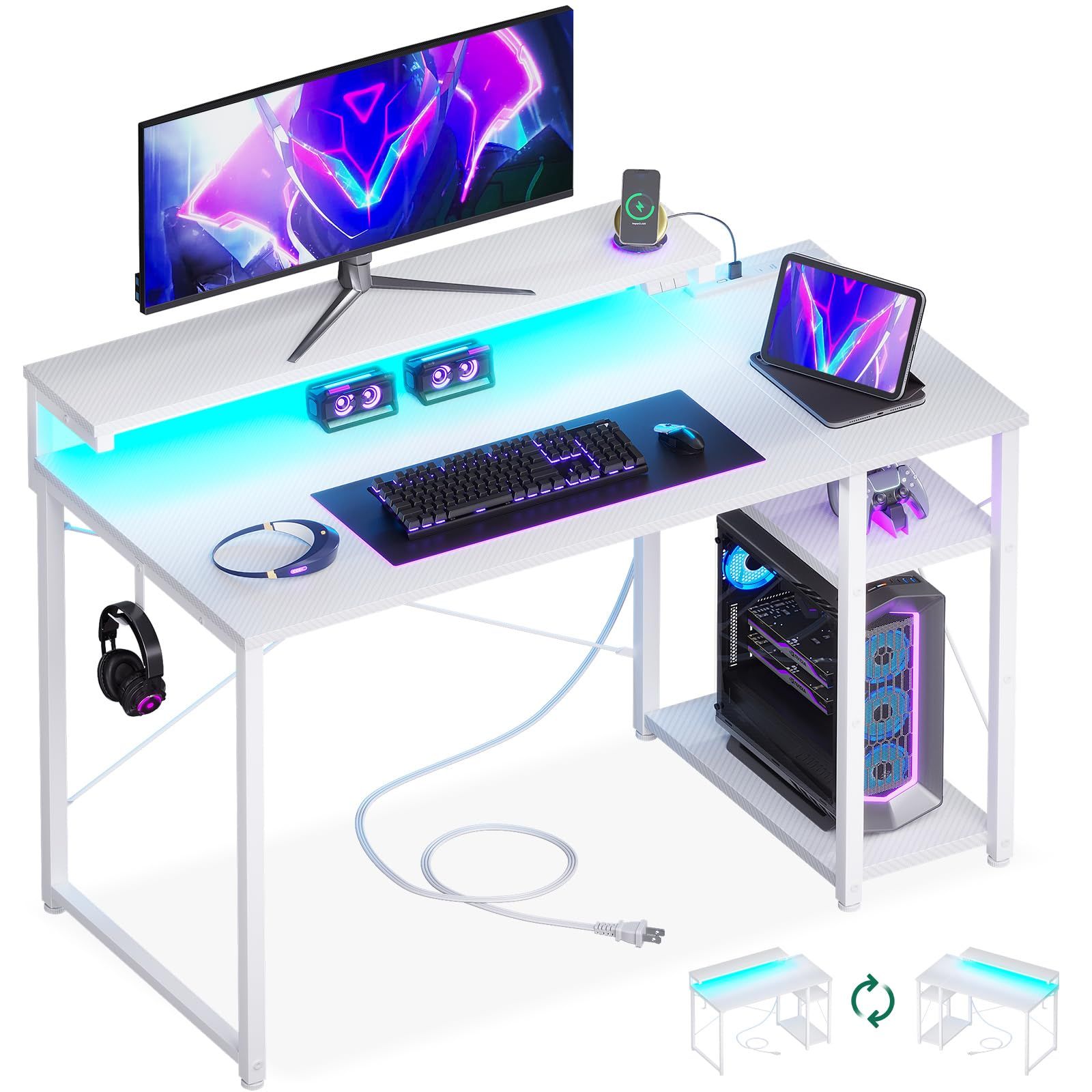 AODK ゲーミングデスク パソコンデスク ラック&コンセント付き 幅100cm 机 pcデスク ゲームデスク gaming desk モニター台&LED付き ゲーミングテーブル 左右入れ替え対応 カーボン調ホワイト