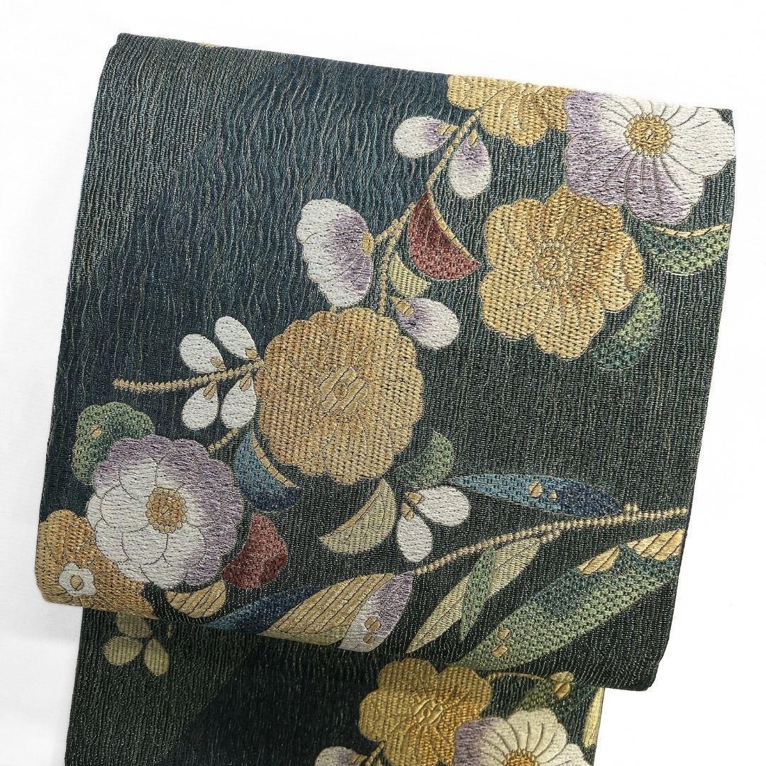 袋帯　辻ヶ花　よろけ織り　リーフ文様　金糸　着物　071b