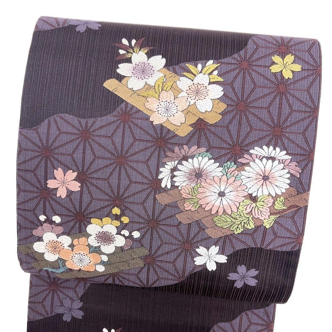 袋帯　全通　霞取り　麻の葉　菊花　梅花　縦縞　着物　072b