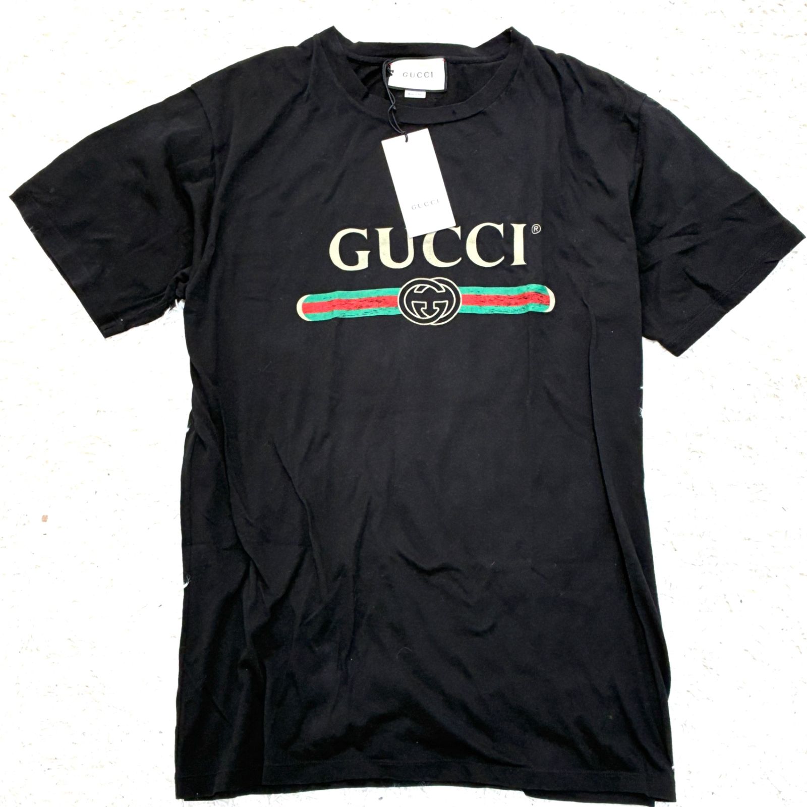 タグ付未使用保管品 グッチ GUCCI インターロッキング シェリーライン Tシャツ 半袖 フラワープリント 刺繍 ダメージ加工 ブラック 黒 大きいサイズ XL シルバーウィーク 秋休み 行楽 ハロウィン 七五三 冬のボーナス ギフト プレゼント