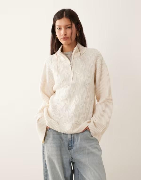 ヴィラ レディース アウター ニット・セーター セーター ニット Vila cable knit zip up sweater in cream Birch クリーム