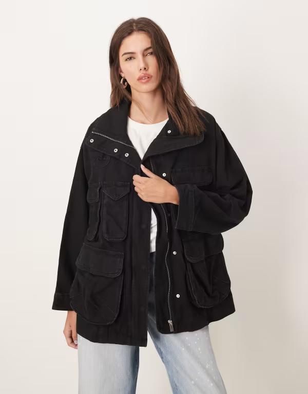 マンゴ レディース アウター ジャケット・ブルゾン コットン ジャケット Mango cotton longline pocket detail jacket Black ブラック