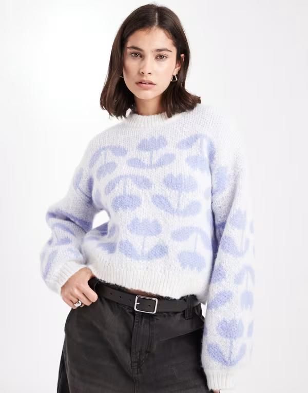 ピーシーズ レディース アウター ニット・セーター プリント Pieces tuliprint knit sweater in lavender and Cloudancer Baby ホワイト 15,155円