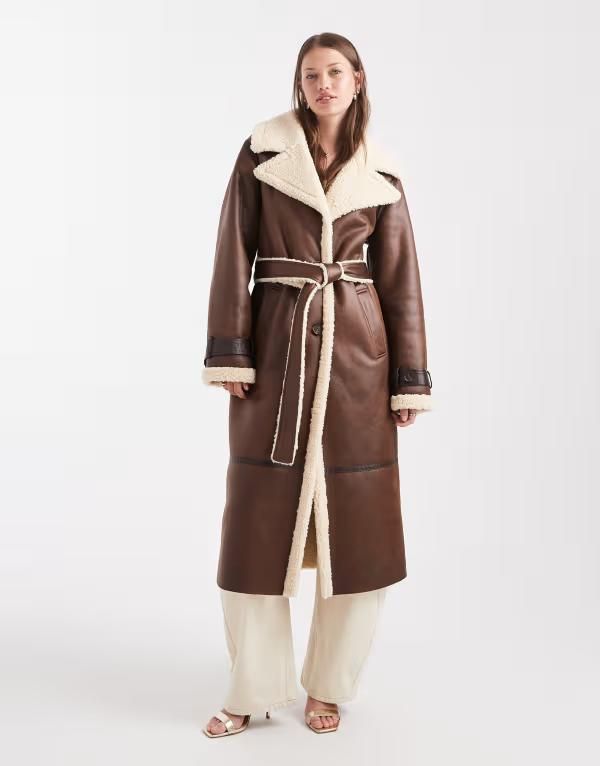 ミスセルフフリッジ レディース アウター コート スエード Misselfridge suedette borg belted wrap coat in chocolate チョコレート