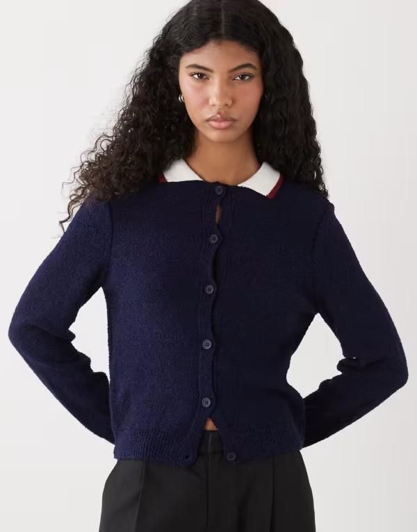 リクレイム ヴィンテージ レディース アウター カーディガン リブ Reclaimed Vintage neat fit cardigan with ribbed collar NAVY ネイビー