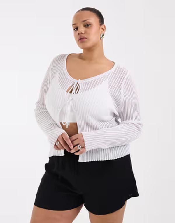 オンリーカーブ レディース アウター カーディガン ONLY Curve tie frontop crochet Bright White ホワイト