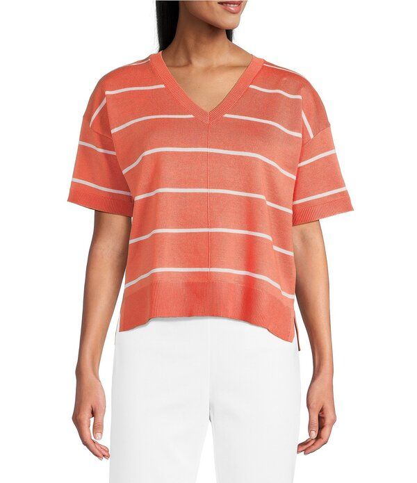 インベストメンツ レディース アウター ニット・セーター Vネック リブ Investmentstriped 34 Sleeve VNeck Ribbed Trim Sweater Peach Ech
