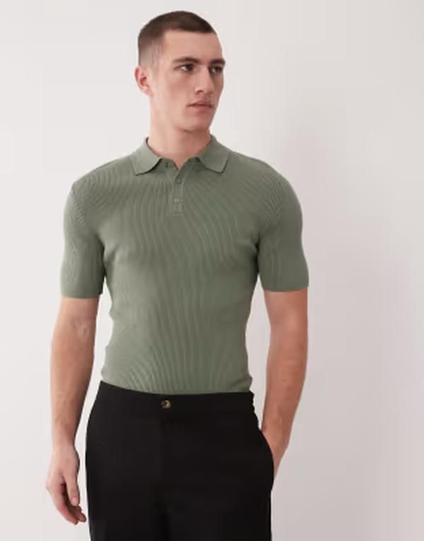 エイソス メンズ トップス ポロシャツ リブニット ASOS DESIGN Essential muscle fit finerib knit polo in dark sage Dark sage