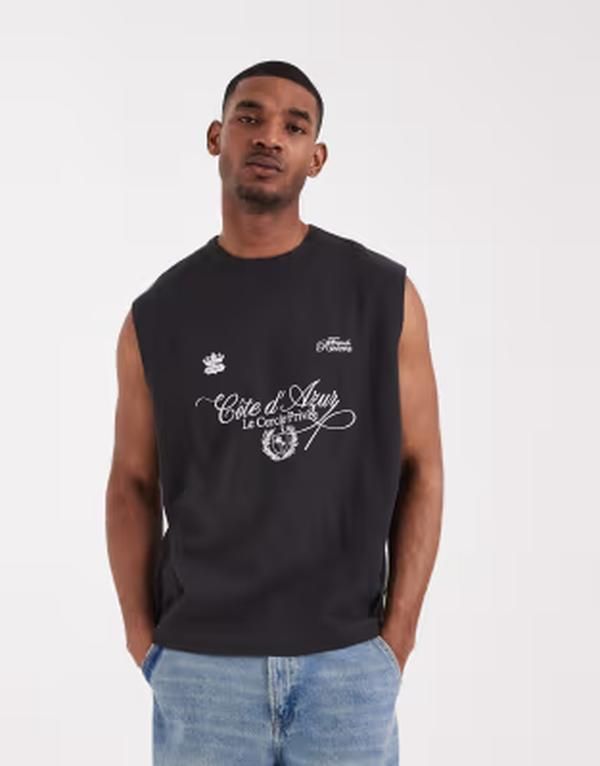 エイソス メンズ トップス ベスト グラフィック ASOS DESIGN oversized tank with soccer graphic in charcoal waffle fabricHAR