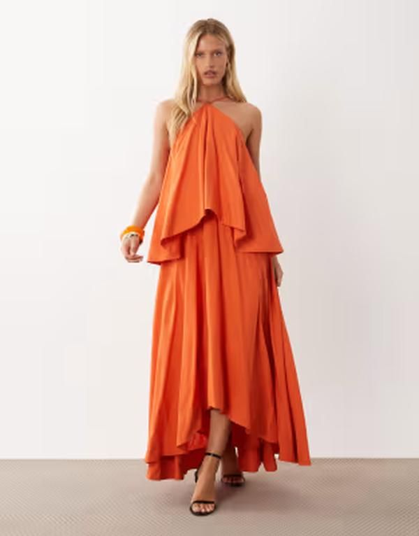 エイソス レディース トップス ワンピース オープンバック マキシ ホルター ASOS DESIGN halter neck double layer open back volume maxi dr