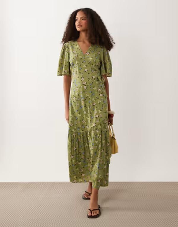 ウェンズデーガール レディース トップス ワンピース フラワー柄 ミディ フラワー Wednesdays Girl floral wrap detail puff sleeve midi dress