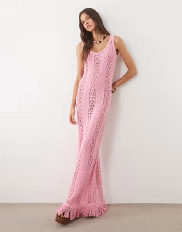 エイソス レディース トップス ワンピース ニット マキシ フリンジ ASOS DESIGN crochet knit maxi dress with fringe pink ピンク 15,315円