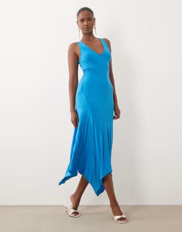 エイソス レディース トップス ワンピース Vネック ミディ ASOS DESIGN v neck hanky hemidi dress in bright blue ブルー