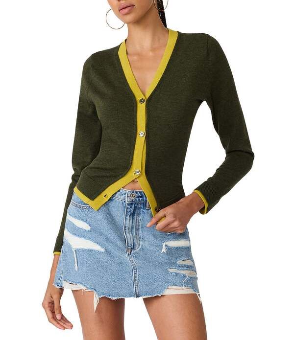 スティーブ マデン レディース アウター ニット・セーター Vネック リブ コントラスト カーディガン Steve Madden Arwen Contrast Ribbed VNeck Long Sl