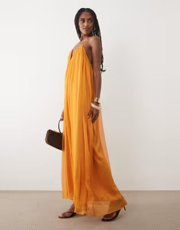 マンゴ レディース トップス ワンピース マキシ Mango flowy maxi dress in bright orange オレンジ