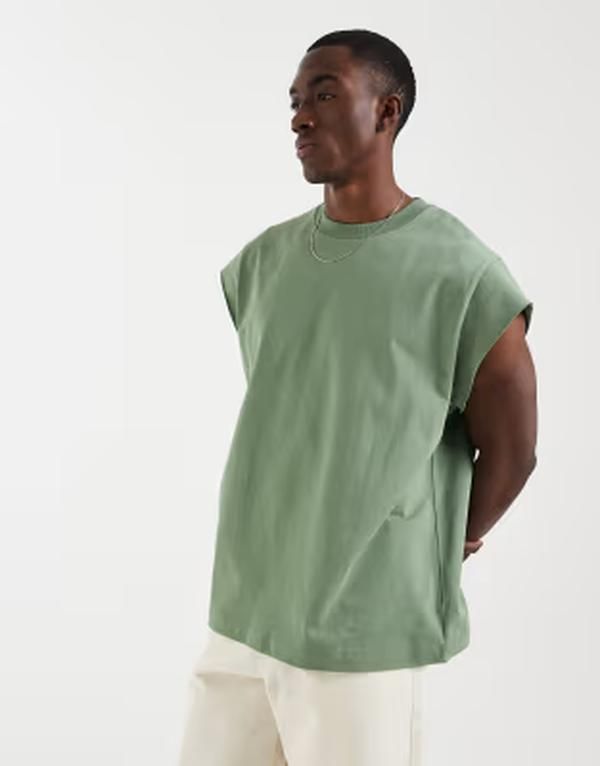 エイソス メンズ トップス ベスト キャップ ASOS DESIGN heavyweight oversized tank with cap sleevesea spray グリーン