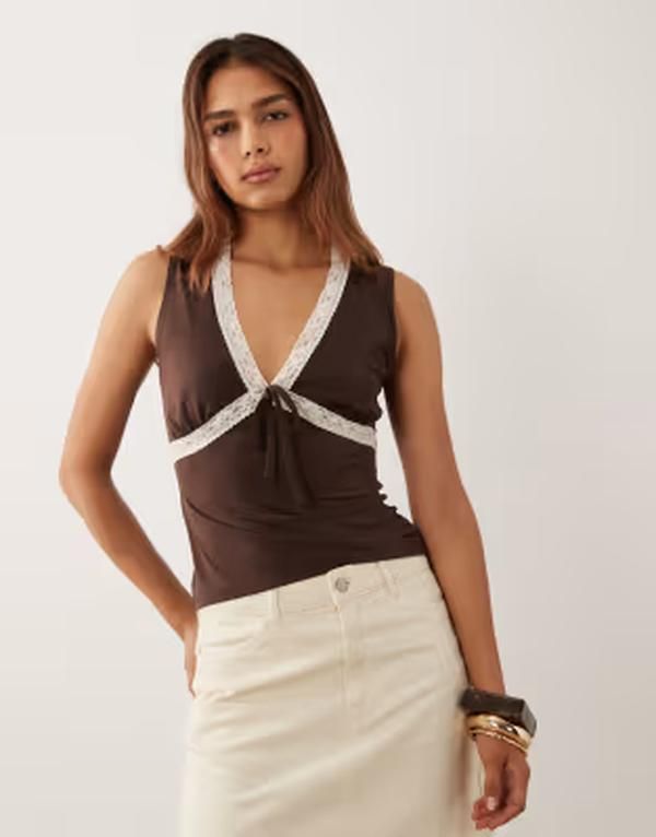 ミスセルフフリッジ レディース トップス シャツ レーストリム レース Misselfridge lace trim tank top with bow Chocolate チョコレート