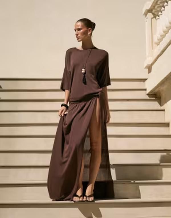 フォースレックレス レディース トップス Tシャツ ニット 4th Reckless fine knit dropped shoulder beach Tshirt in chocolate part