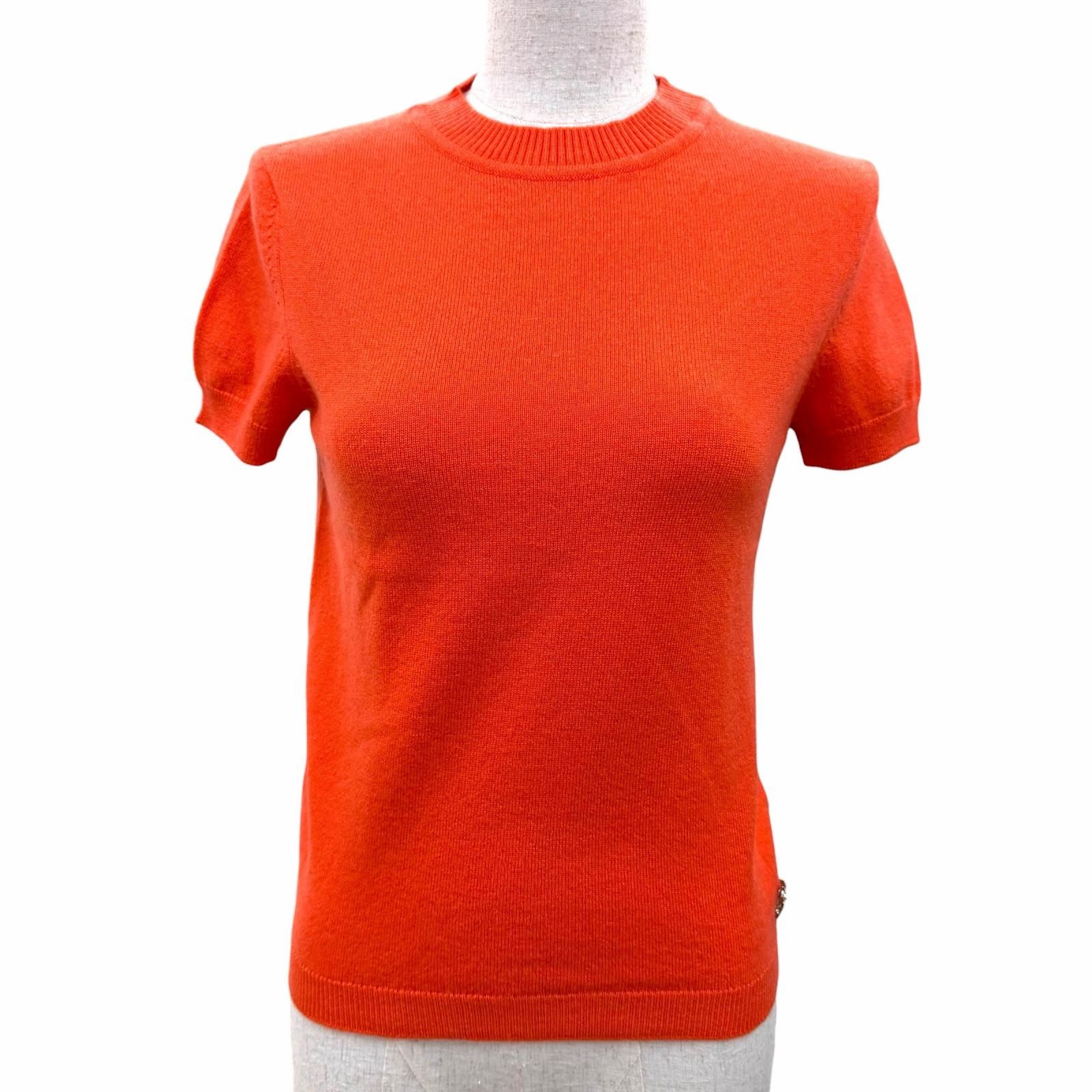 極美品☆HERMES エルメス 07-7700 カシミヤ100％ シルバー金具 Hリフト ショートスリーブ 半袖ニット オレンジ 34 イギリス製 正規品