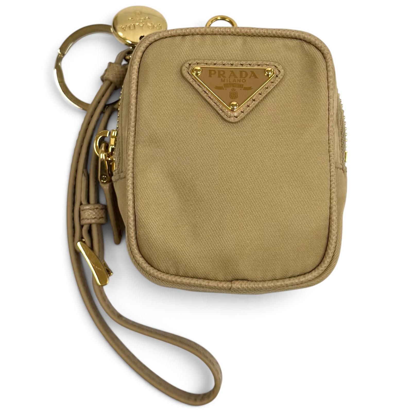 美品★PRADA プラダ 1TT200 リストレット付 トライアングルロゴ ミニポーチ ベージュ イタリア製 レディース 箱付き 35,100円
