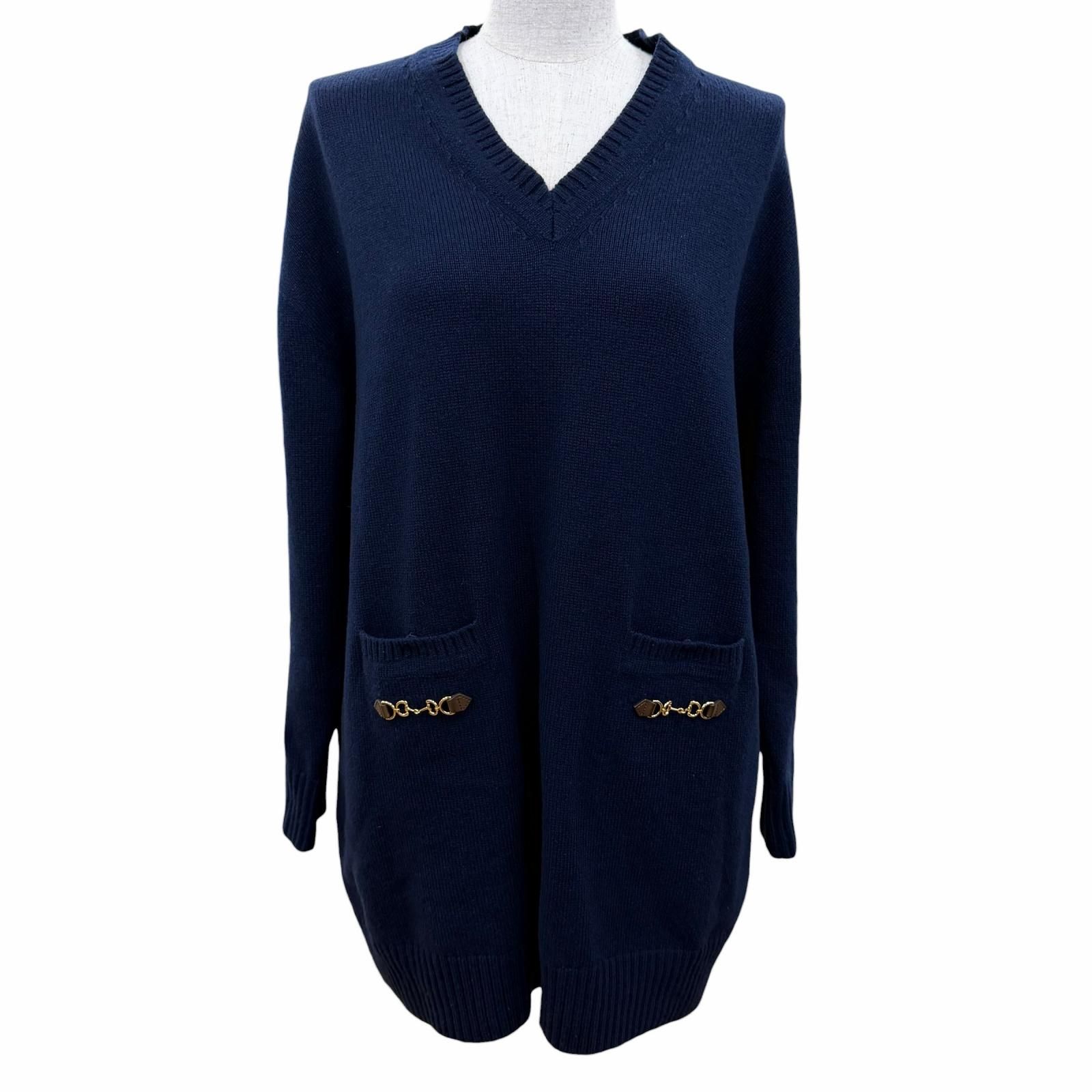 美品☆GUCCI グッチ 749065 カシミヤ100％ ホースビット 長袖 Vネック ニット ワンピース ネイビー XS イタリア製 正規品 レディース