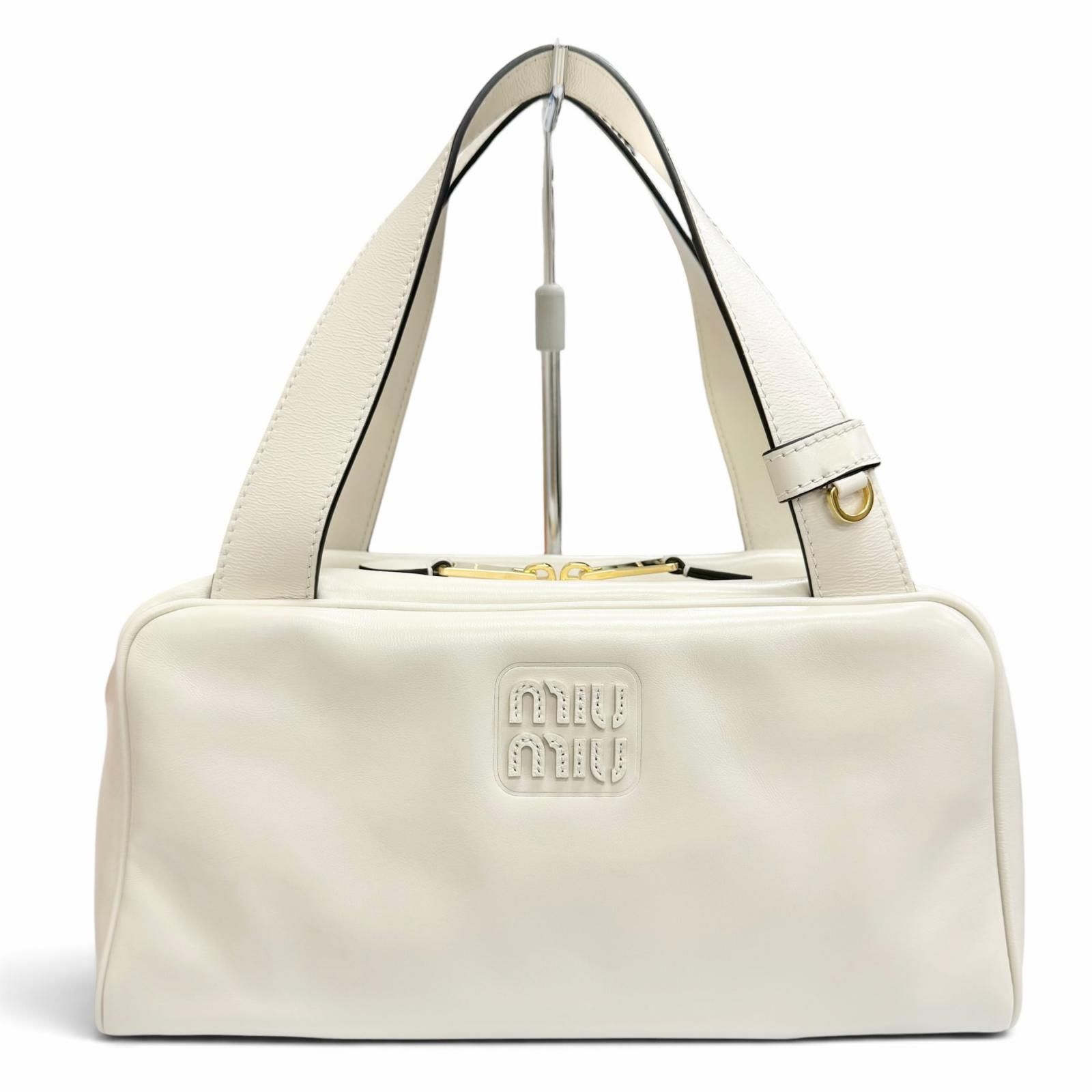 未使用品△MIUMIU ミュウミュウ 5BB182 ロゴ シャインカーフレザー ボーリング バッグ ハンドバッグ アイボリー イタリア製 保存袋付き