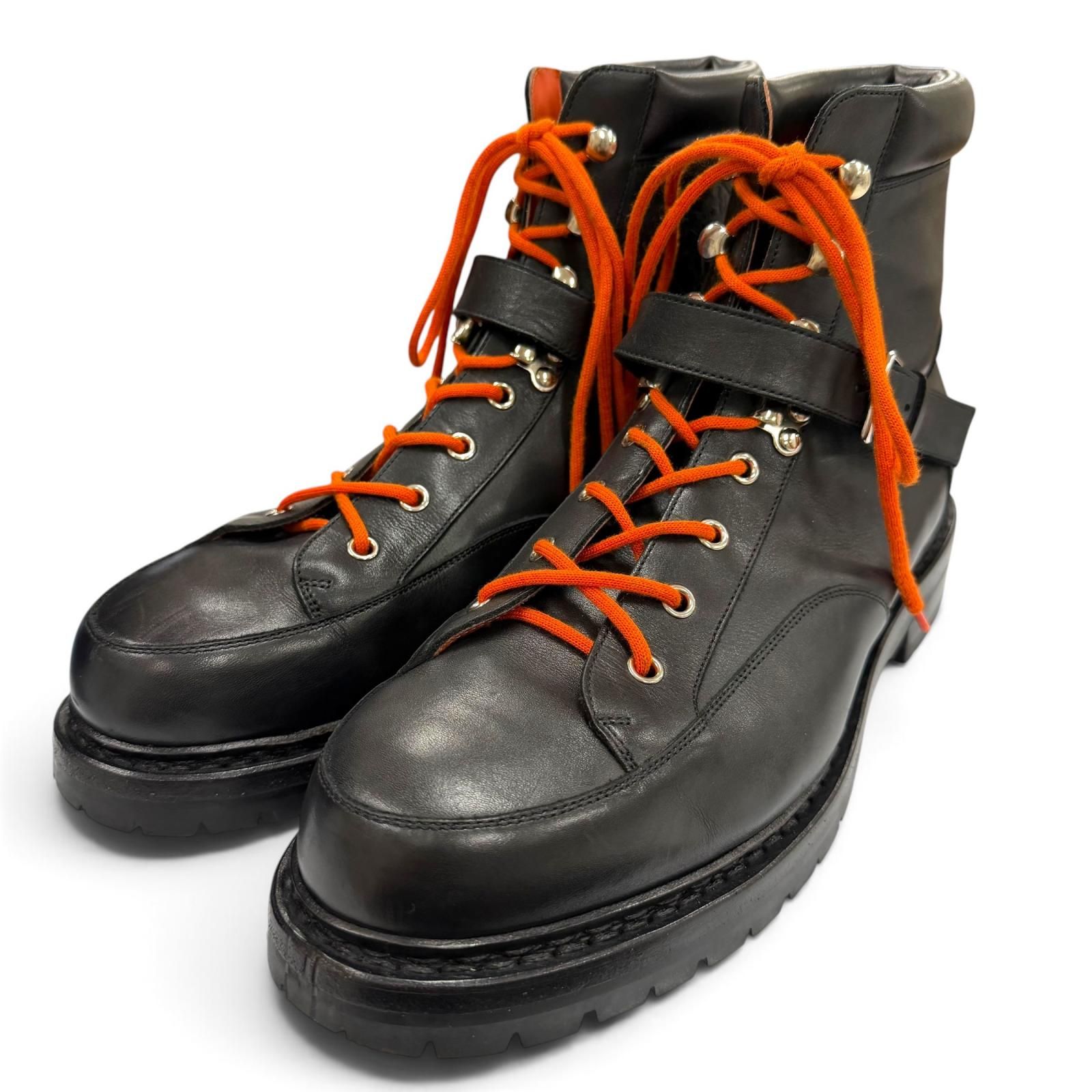 美品▼HERMES エルメス レザー シルバー金具 ロゴワッペン付 レースアップ ハイキングブーツ ブラック オレンジ 41.5 イタリア製 メンズ