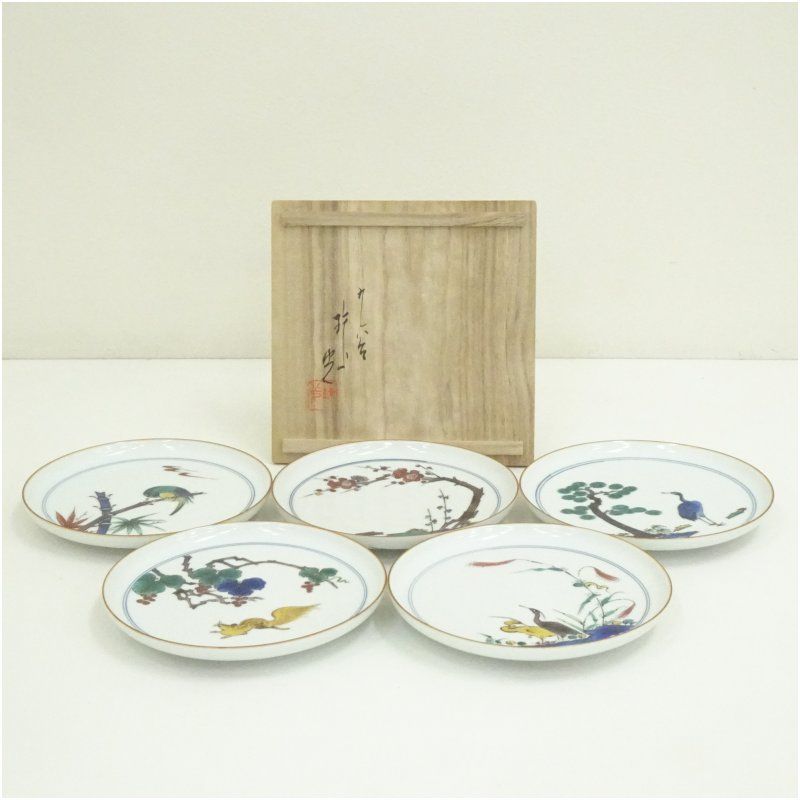 九谷焼　中島珠光造　絵変り銘々皿5客（共箱） 茶器 菓子器 おしゃれ 和菓子 干菓子 主菓子 茶道 茶道具 お茶 小皿 骨董 茶会 抹茶 プレート