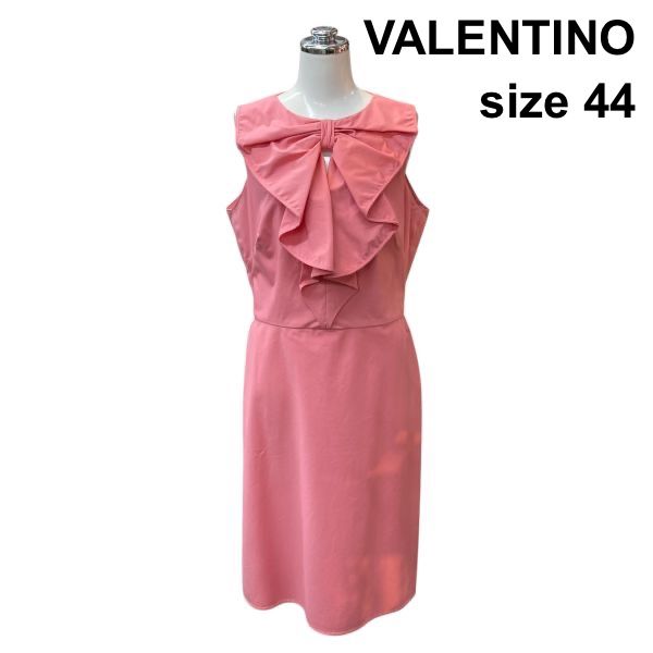 □ ヴァレンティノ VALENTINO ノースリーブワンピース 膝丈 ラウンドネック ストレッチ リボン ピンク 綿混 44 XL 13号 レディース Z6D356 24,585円