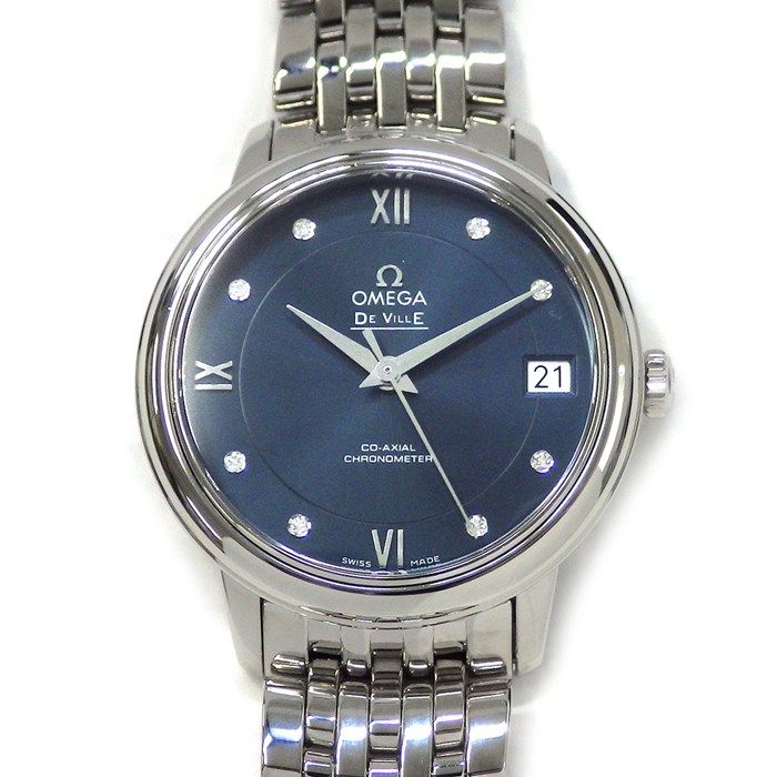 オメガ OMEGA 腕時計 デ・ヴィル プレステージ 424.10.33.20.53.001 8ポイント ダイヤベゼル ブルー文字盤 デイト SS 自動巻き 【中古】