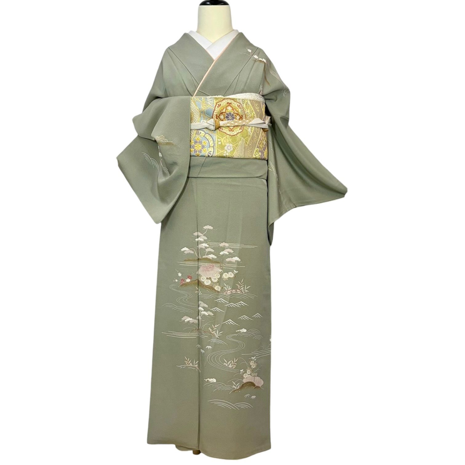 正絹】訪問着 5点セット（着物・袋帯・帯揚げ・帯締め・重ね衿）幅広