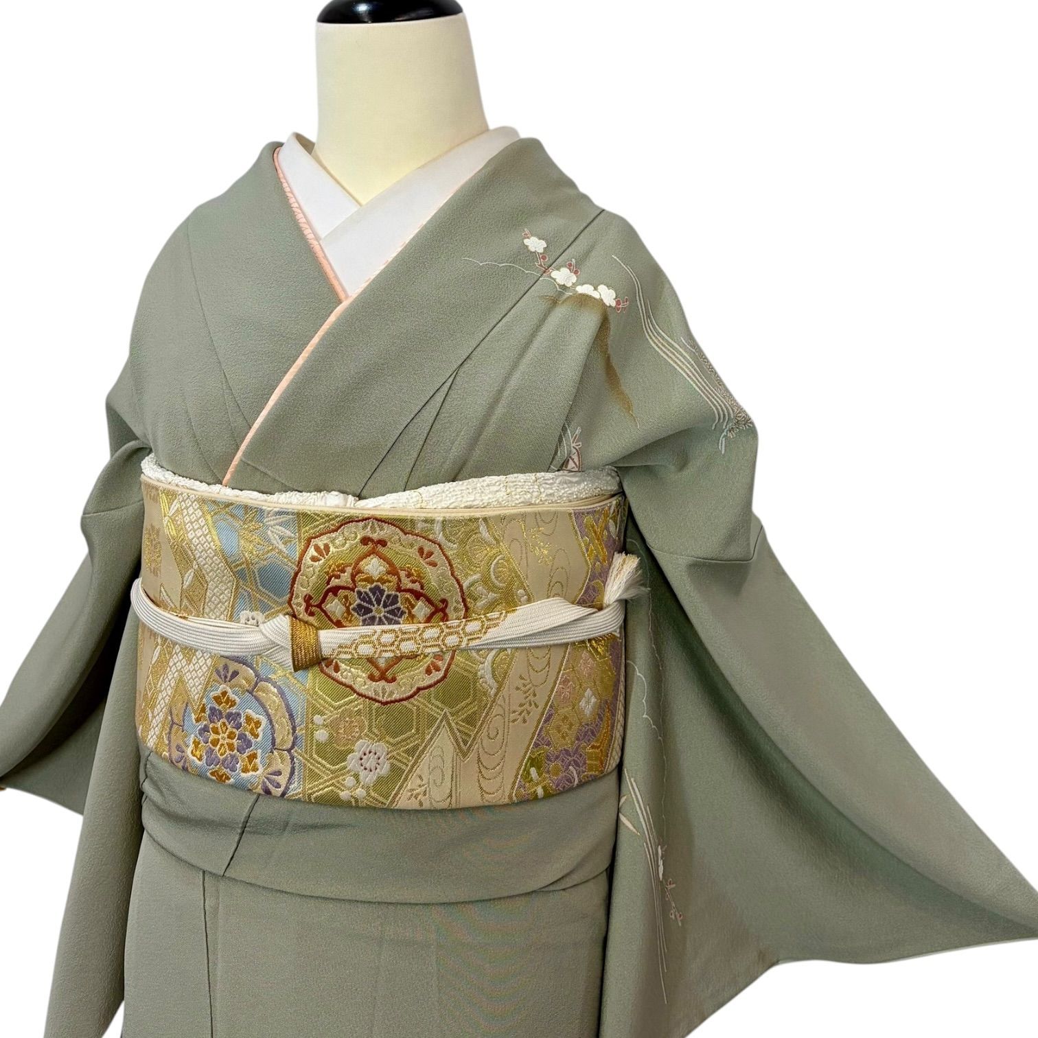 正絹】訪問着 5点セット（着物・袋帯・帯揚げ・帯締め・重ね衿）幅広