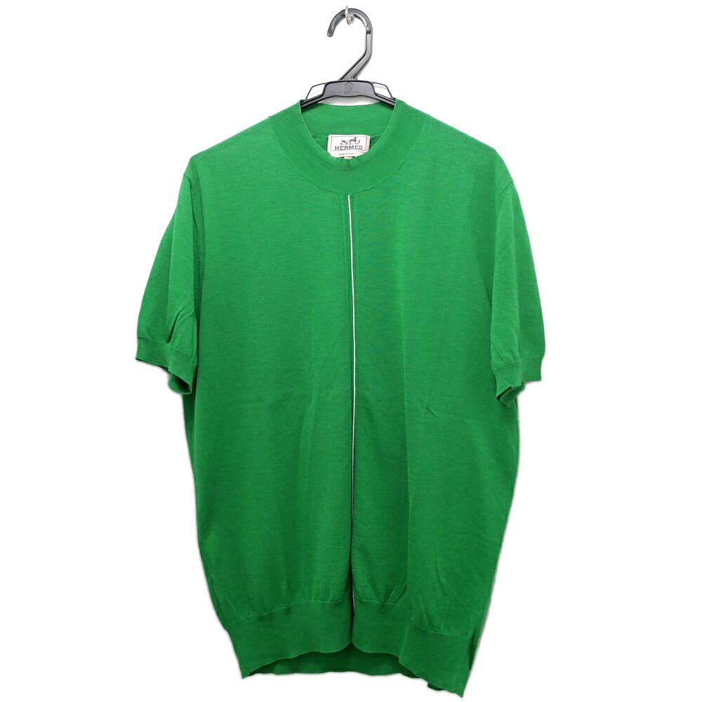 【名東】エルメス ショートスリーブニット Mサイズ グリーン トップス 半袖 レディース プチハイネック アパレル コットン 綿