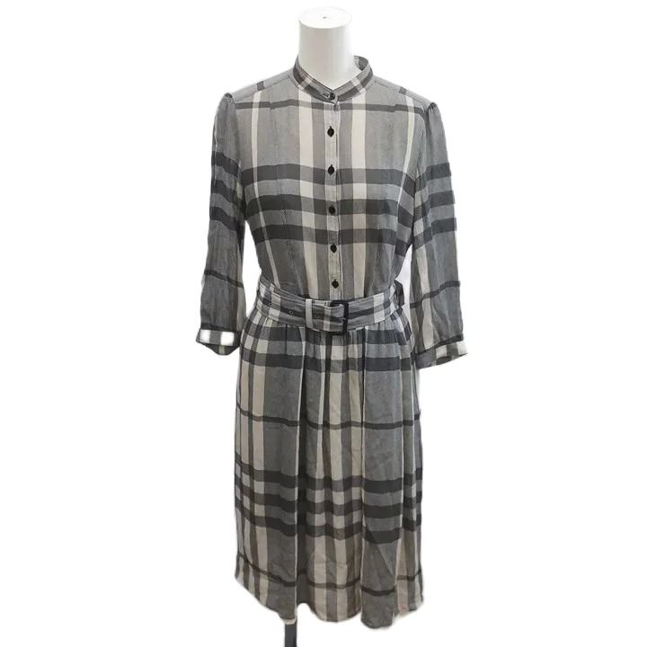 バーバリー ロンドン BURBERRY LONDON チェック柄シャツワンピース 絹 シルク 38 グレー ライトベージュ チェック柄 スタンドカラー 七分袖 ひざ丈/SH ■GY50