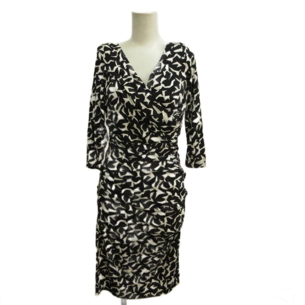 ダイアンフォンファステンバーグ DIANE von FURSTENBERG ラップワンピース カシュクールワンピース 絹 シルク 4 白 ホワイト 黒 ブラック Vネック 総柄 七分袖 ひざ丈 /SH ■ECD008