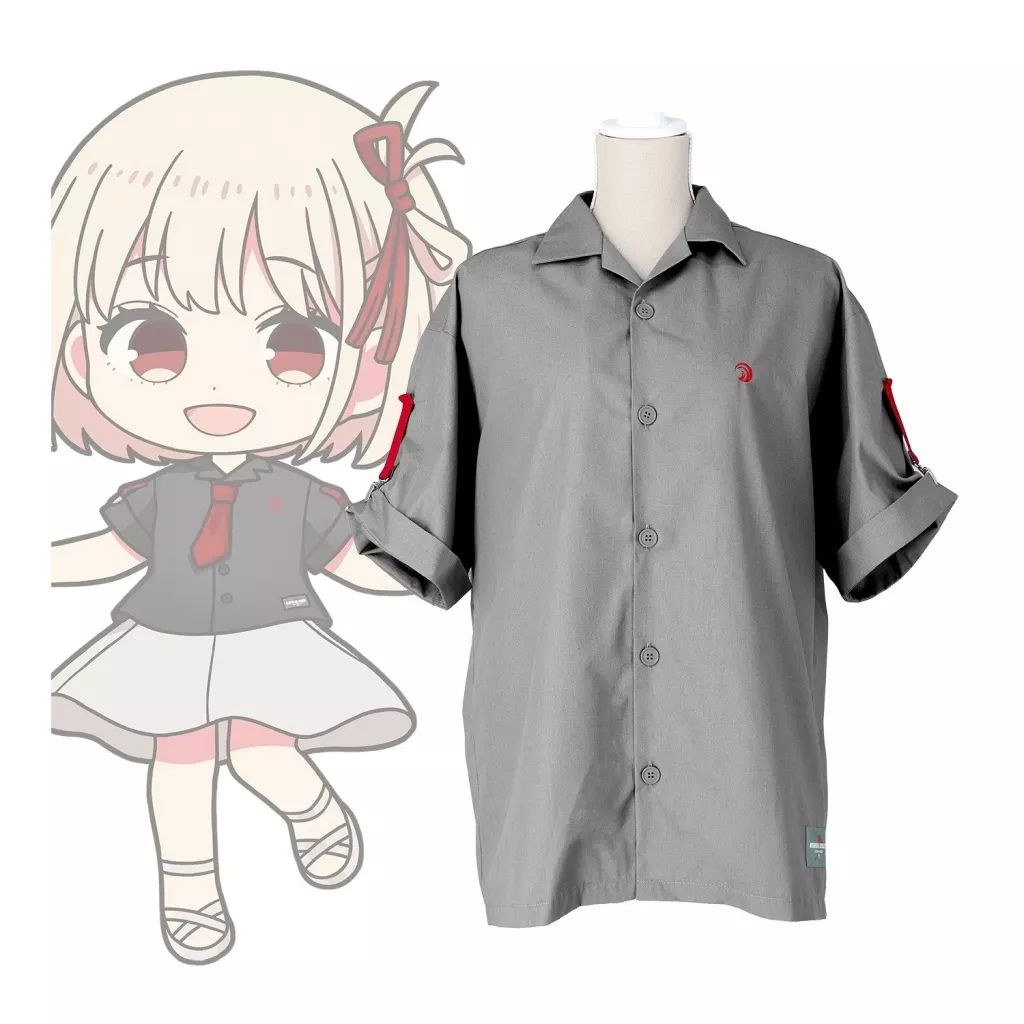 【中古】ポロシャツ・ワークシャツ 錦木千束 meagratiaコラボ 描き下ろし 着用 ハーフスリーブシャツ グレー ユニセックス Lサイズ 「TVアニメ リコリス・リコイル」