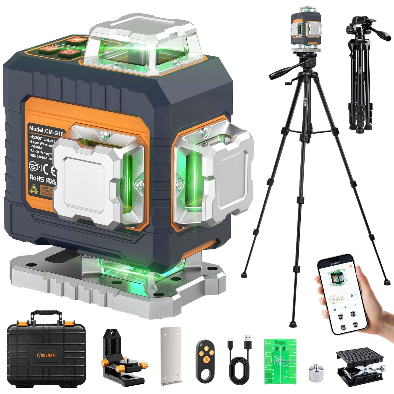 ☆新品☆CIGMAN 三脚付き4Dレーザー墨出し器 3WAY操作 APP・リモコン ストロボモード 4×360° グリーンレーザー 高精度±1.5mm/5m 7f21fb09 15,459円